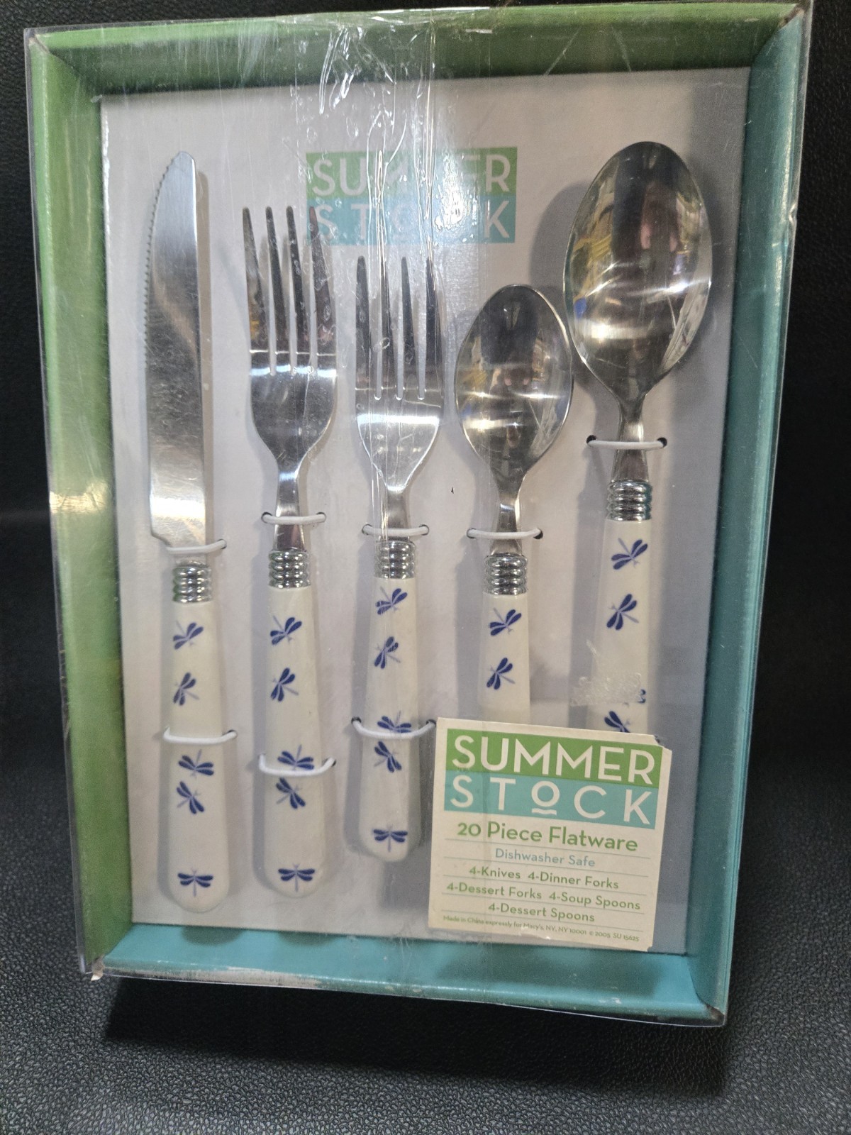 NIB Summer Stock 20 Pc Blue Draginflies Plastic Handle Flatware Service For 4
