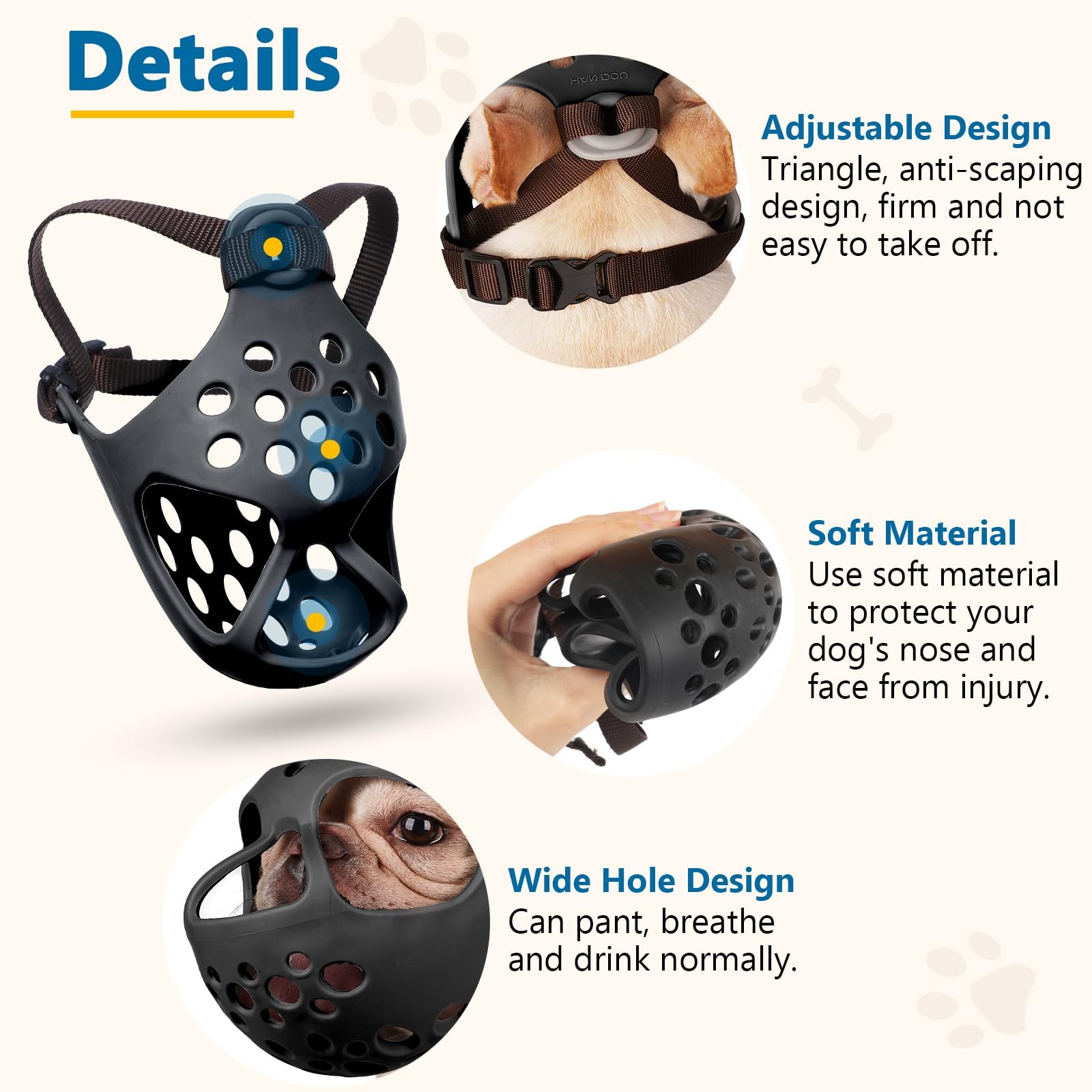 BARKLESS Short Snout Dog Muzzle, Soft Silicone Flat M（Head 15-16½"）, Black