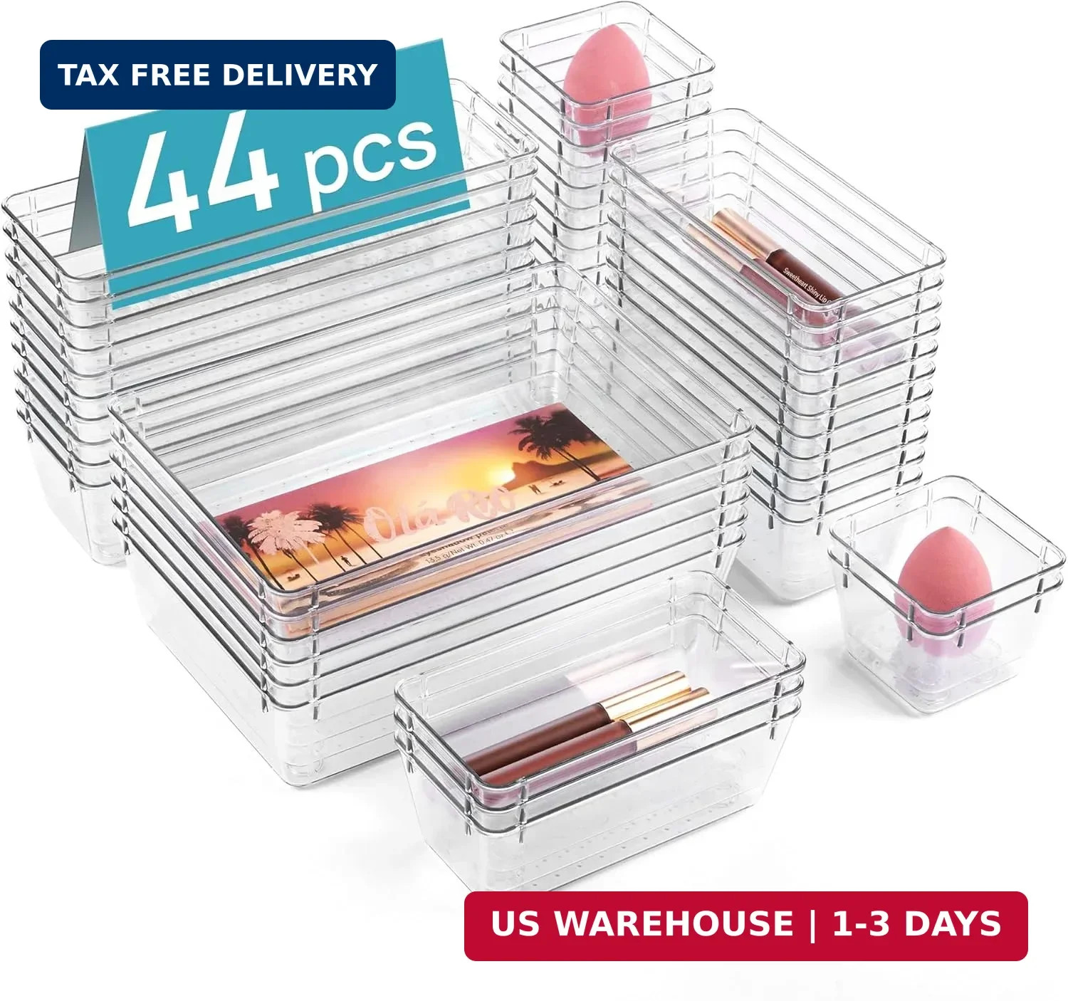 Vtopmart 44 PCS Clear Plastic Drawer Organizers Set, Vanity Organizer Trays | 4-