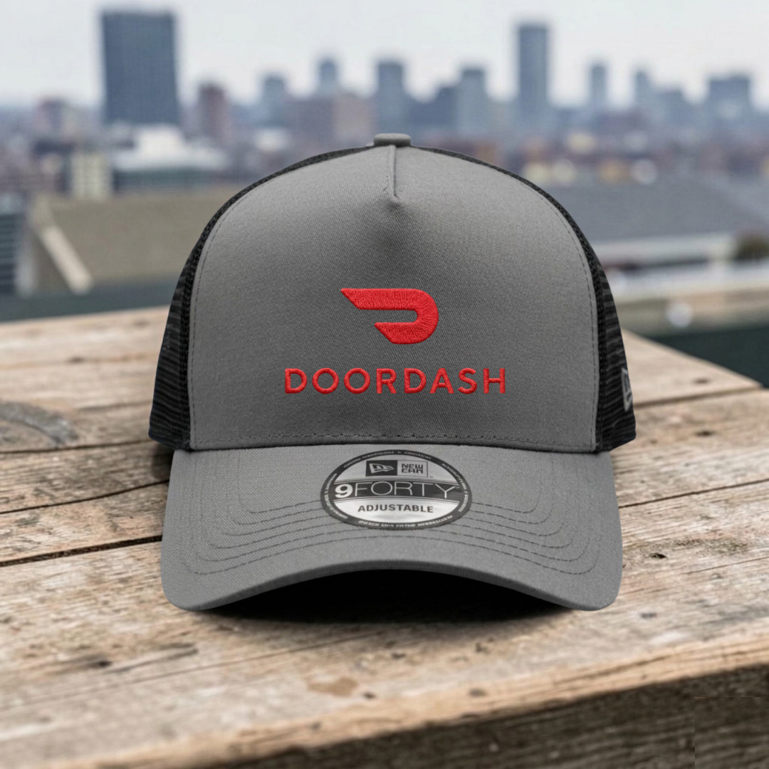 Door Dash Embroidered Logo Trucker Hat Gray Black Mesh Adjustable Cap