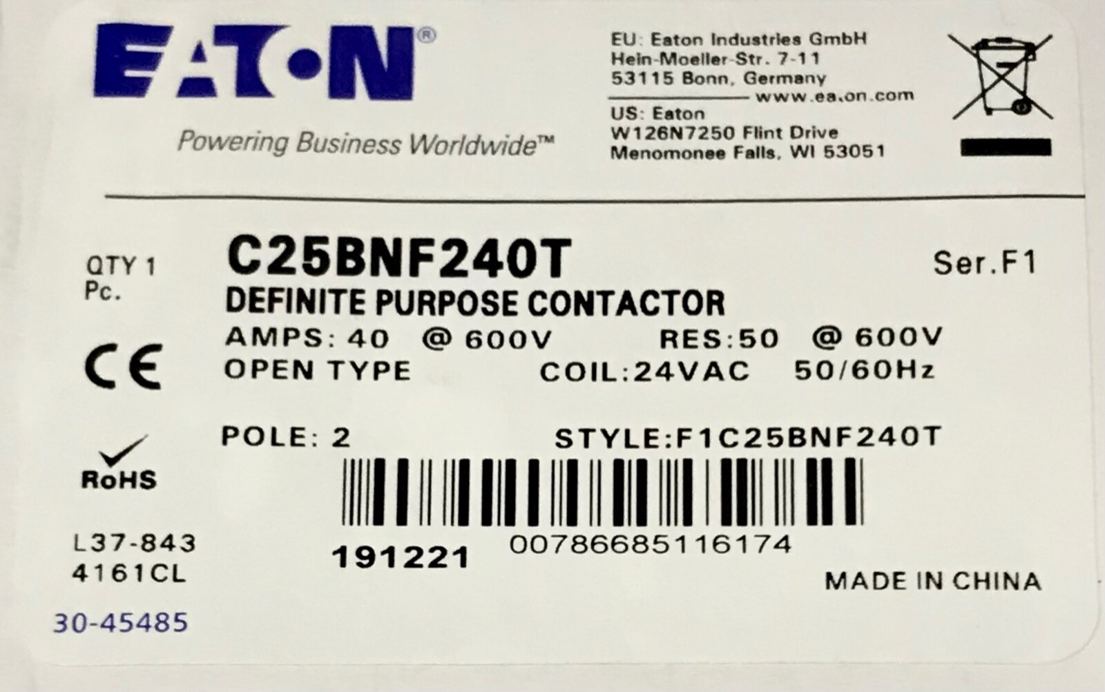 EATON C25BNF240T 2 Pole 24 VAC 40 AMP Definite Purpose Contactor