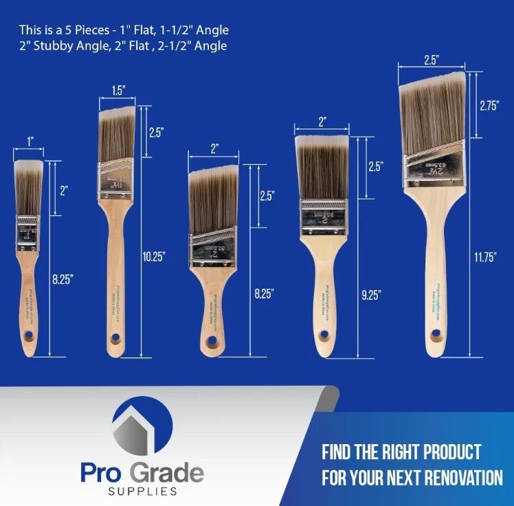 Pro Grade, Paint Brushes, 5-Piece, Paint Brush Set: Flat & Angle Brushes for ...