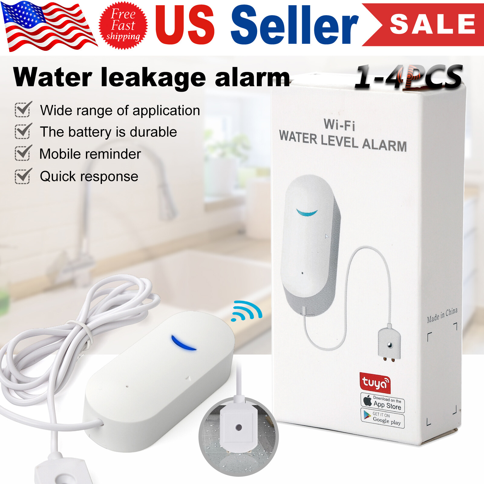 1-4 PCS Smart Wi-Fi Water Leak Sensor Detector Alarm Flood Leakage Level Alarm