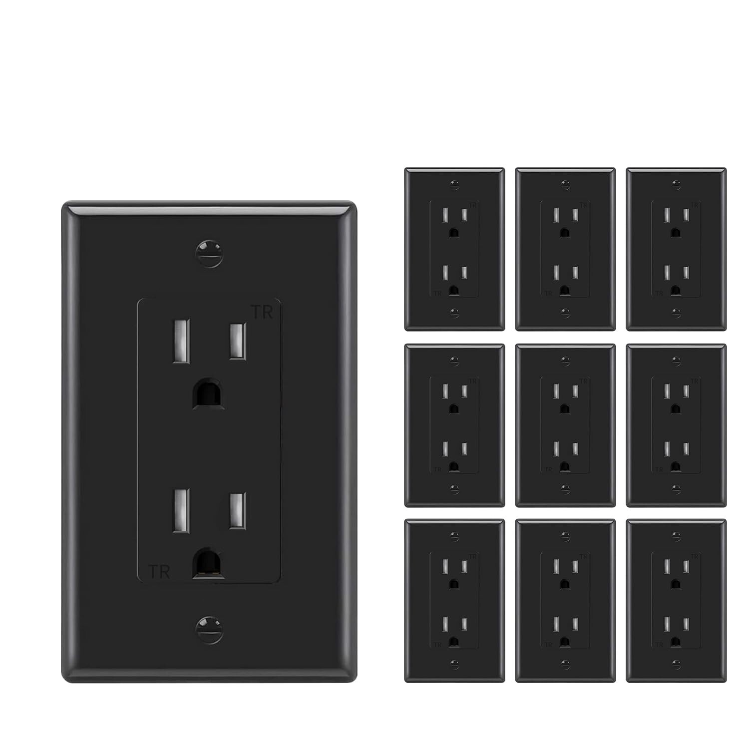 Black Outlet Socket, Decora Duplex Receptacle 15 Amp, 125 Volt With plate 10Pack