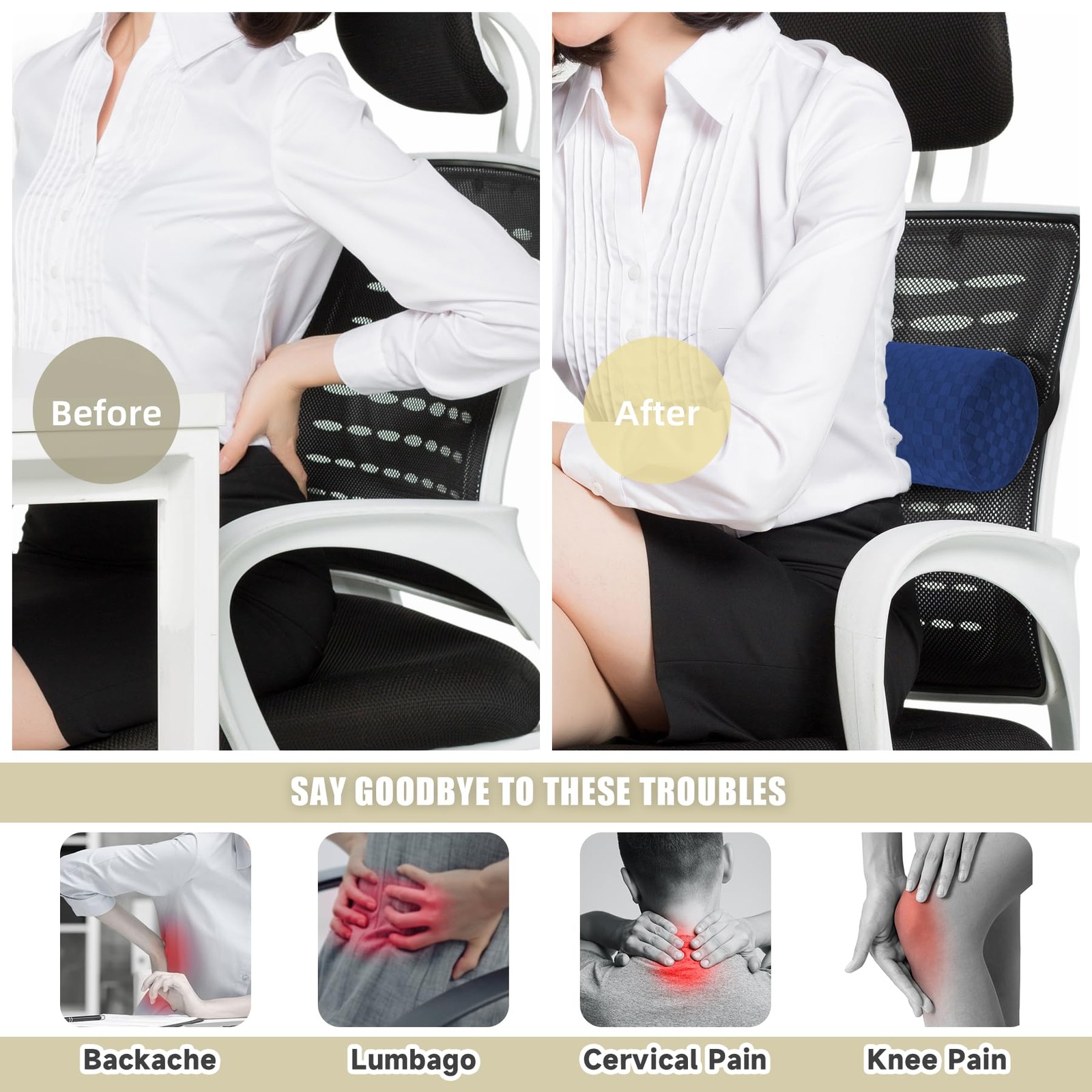 Lumbar Roll Pillow for Lower Back, Support Short-11*4.3'', Dark Blue