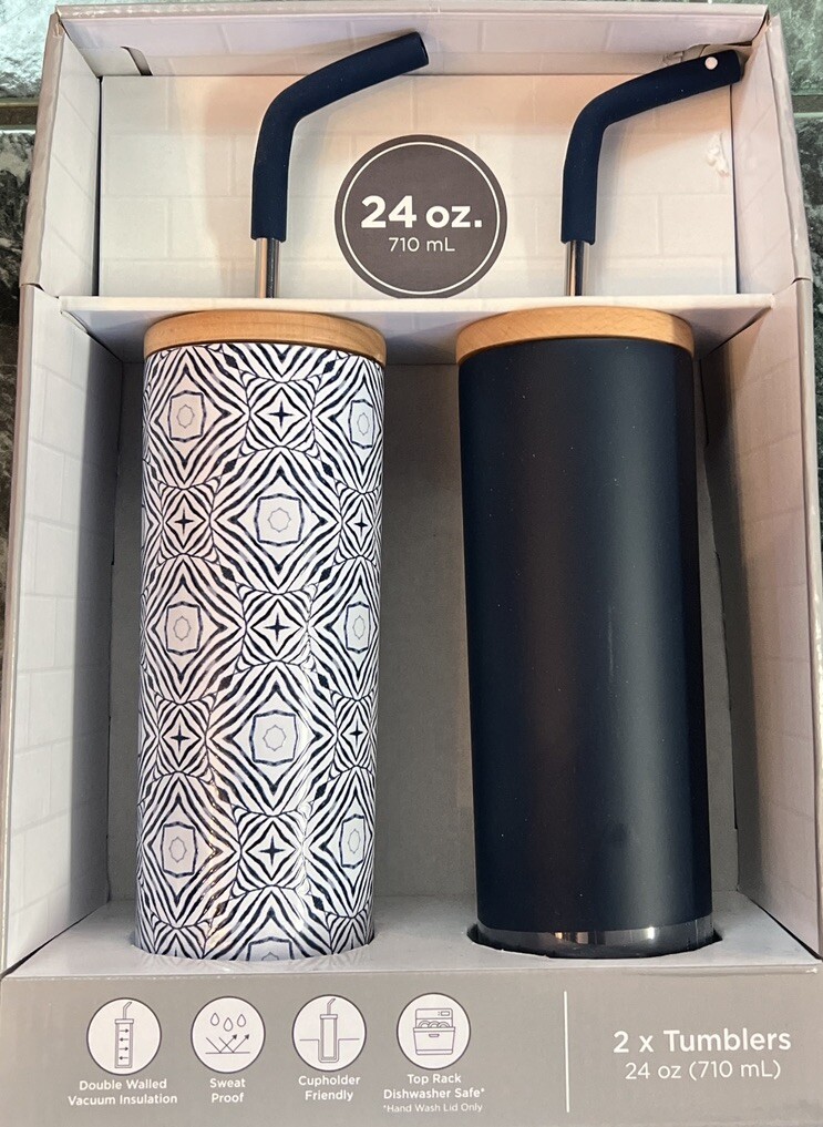 NIB Member's Mark 24-oz Stainless Steel Insulated Tumblers & Straws W/Wood Lids