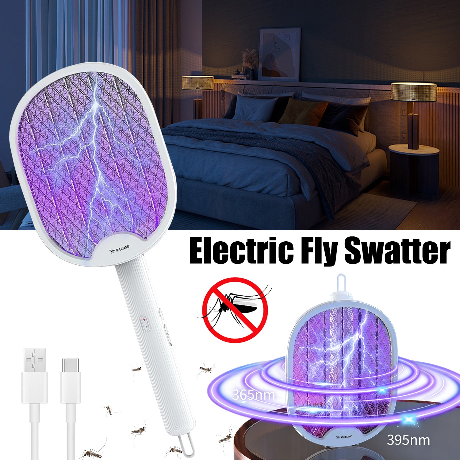3 in 1 Electric Fly Swatter Foldable with USB Rechargeable  for Indoor Outdoor，g