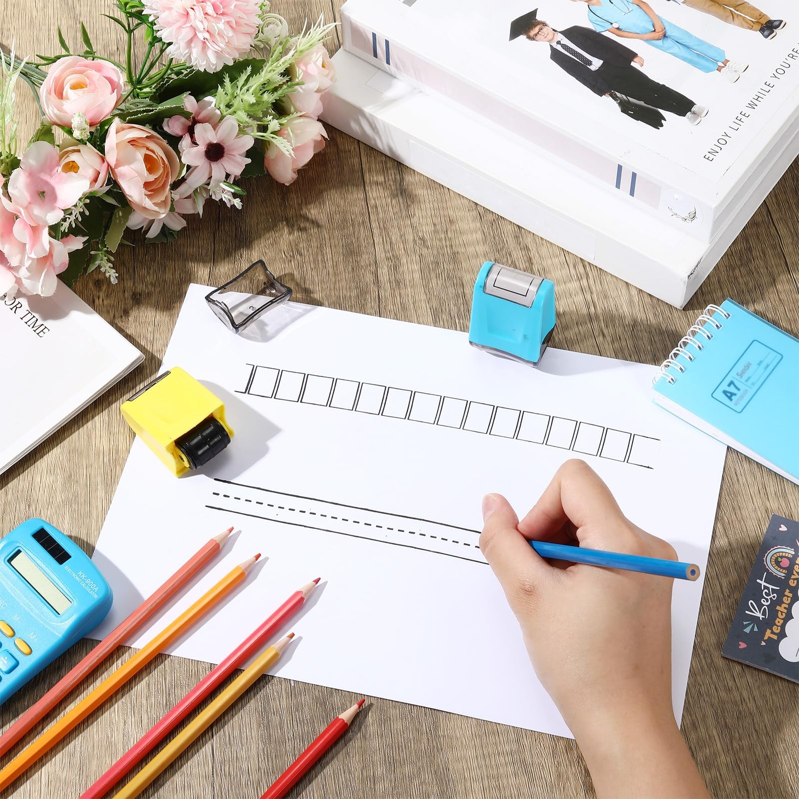 2 PCS Teacher Stamps Square Grids Dashed Lines Self Ink Practice Roller