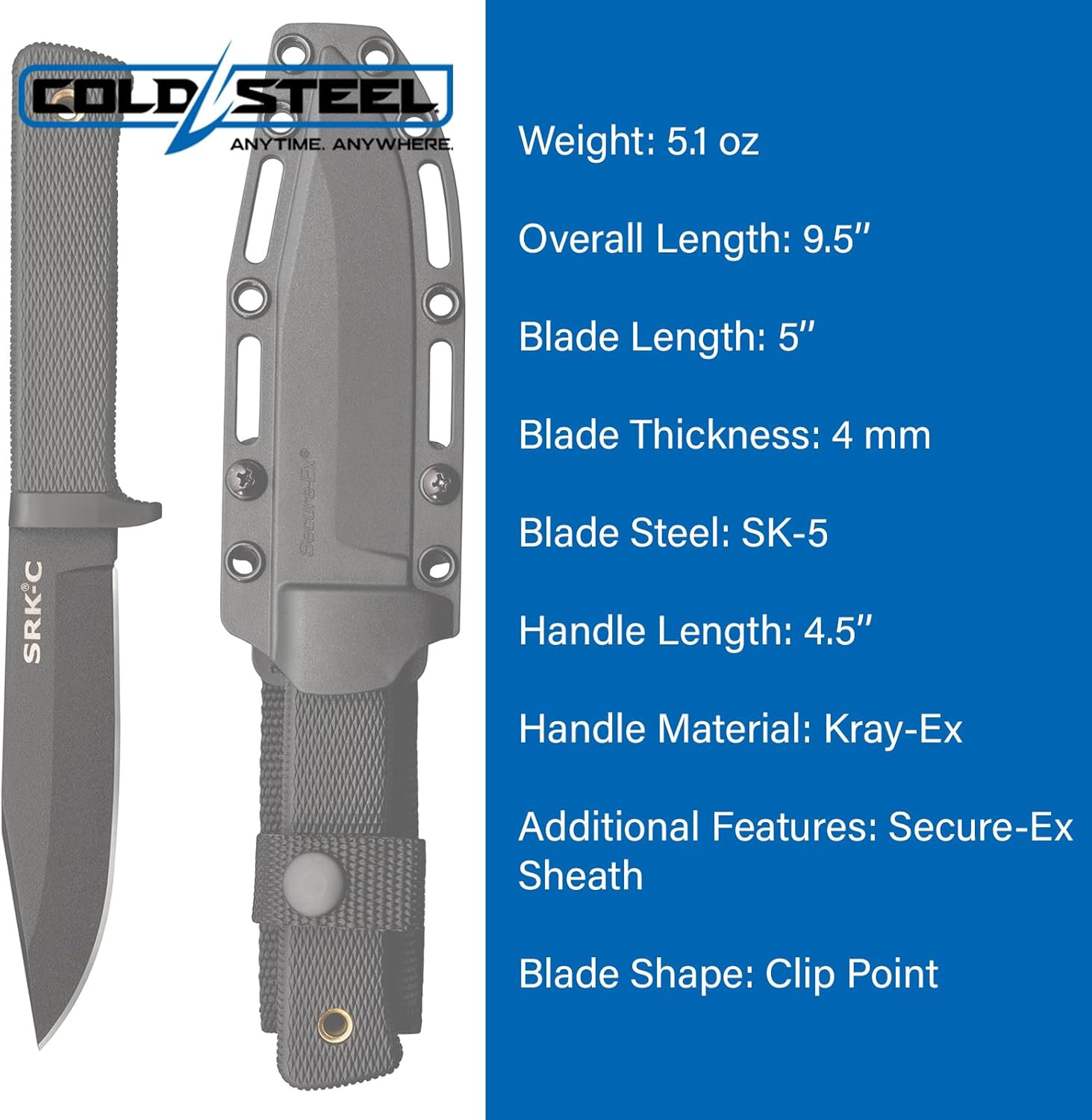 SRK Compact 5" SK-5 Clip Point Razor-Sharp Blade 4.5" Durable Kray-Ex Handle Tac
