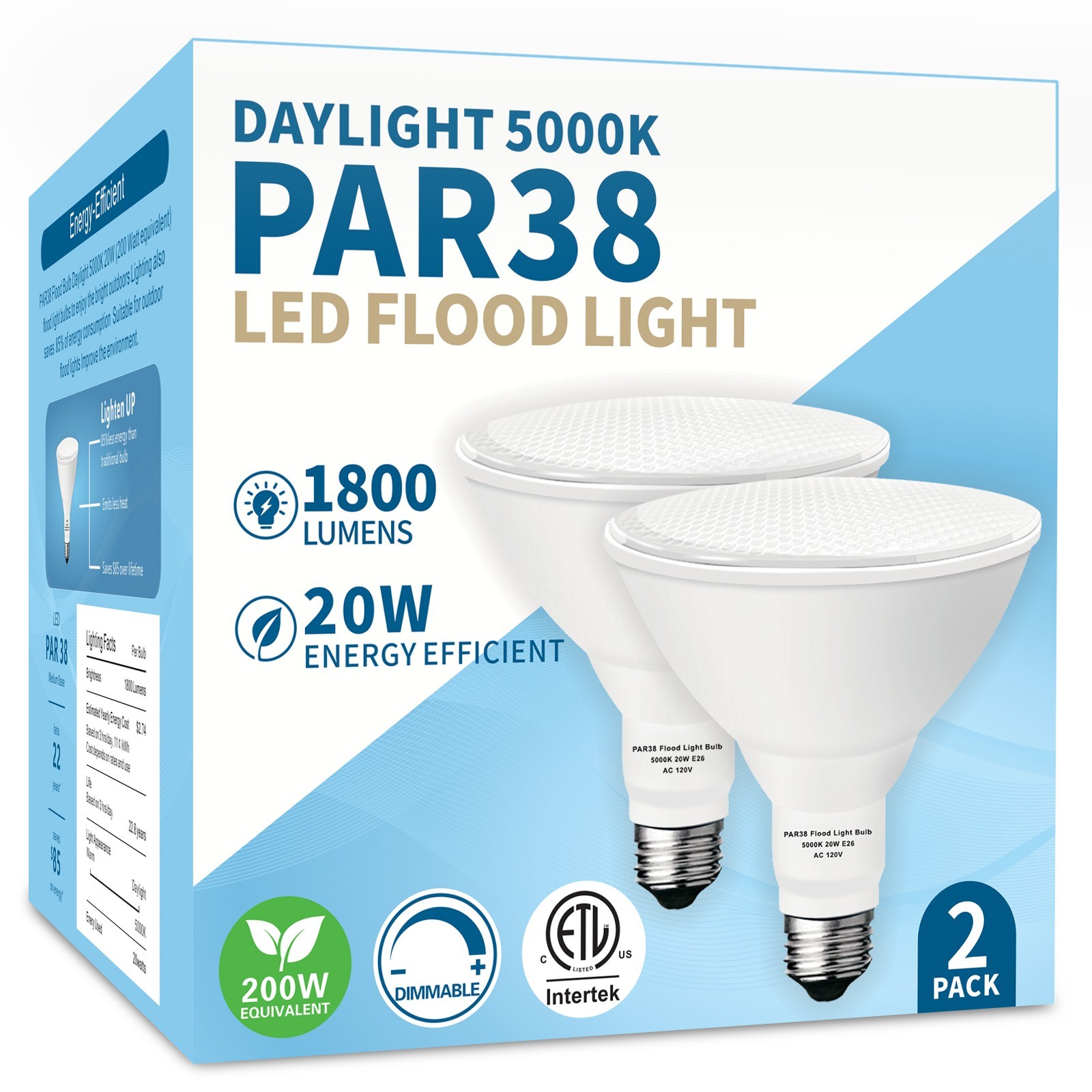 PAR38 LED Flood Light Bulb 5000K Daylight 2-Pack, Outdoor E26 Base for Landscape