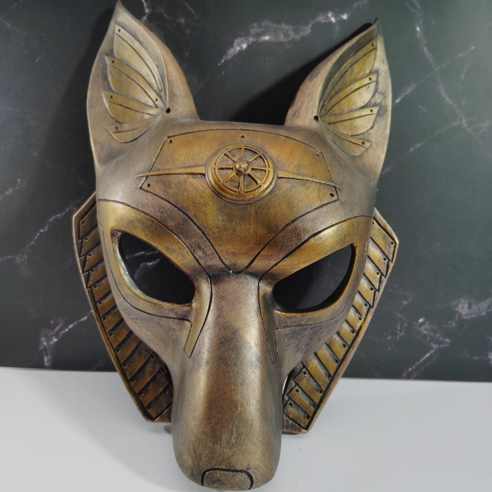 Egyptian Anubis Hand Painted Face Mask Statue 12" Wall Plaque Gold Steampunk