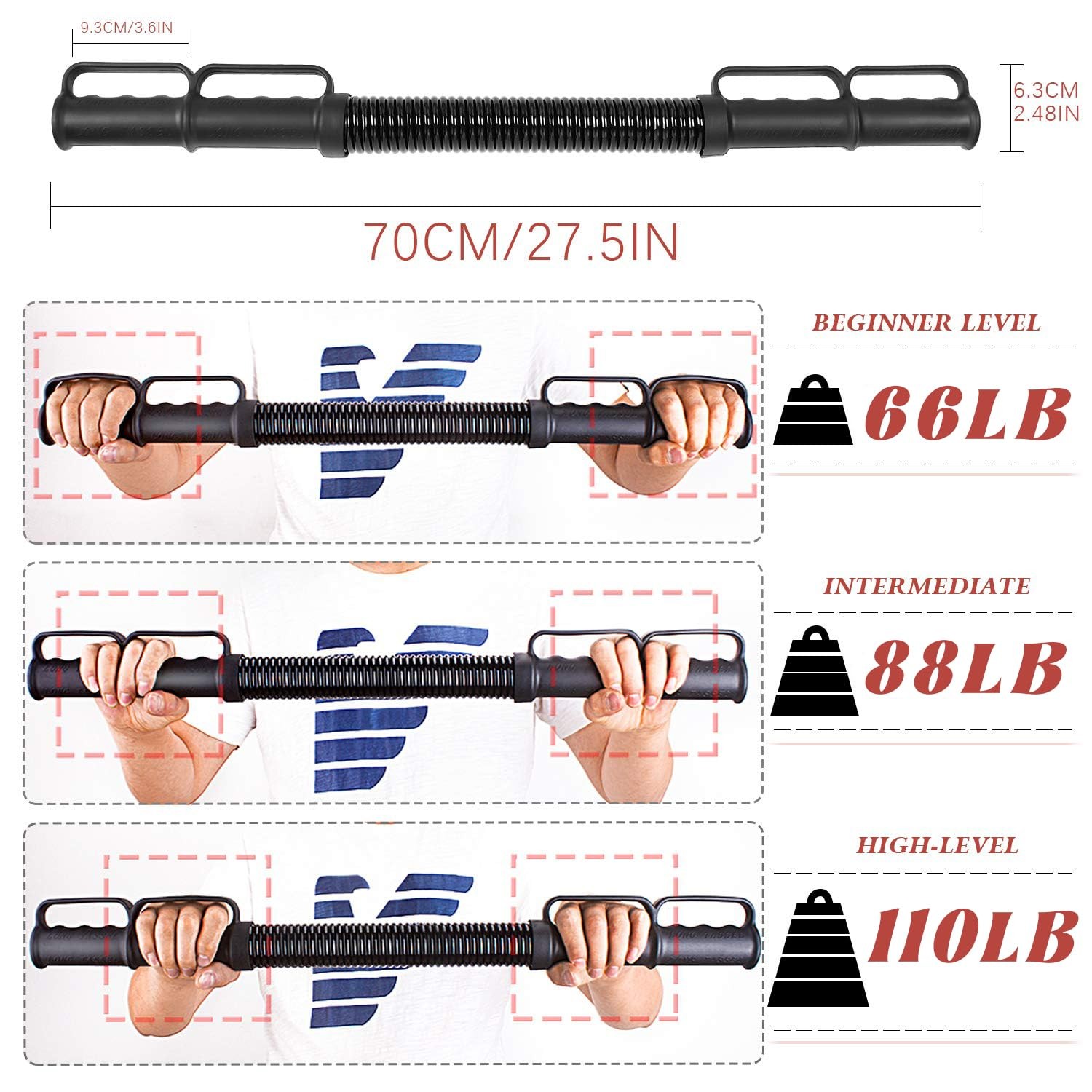 Power Twister Bar Exerciser Workout Adjustable Chest Expander - 66/88/110lb