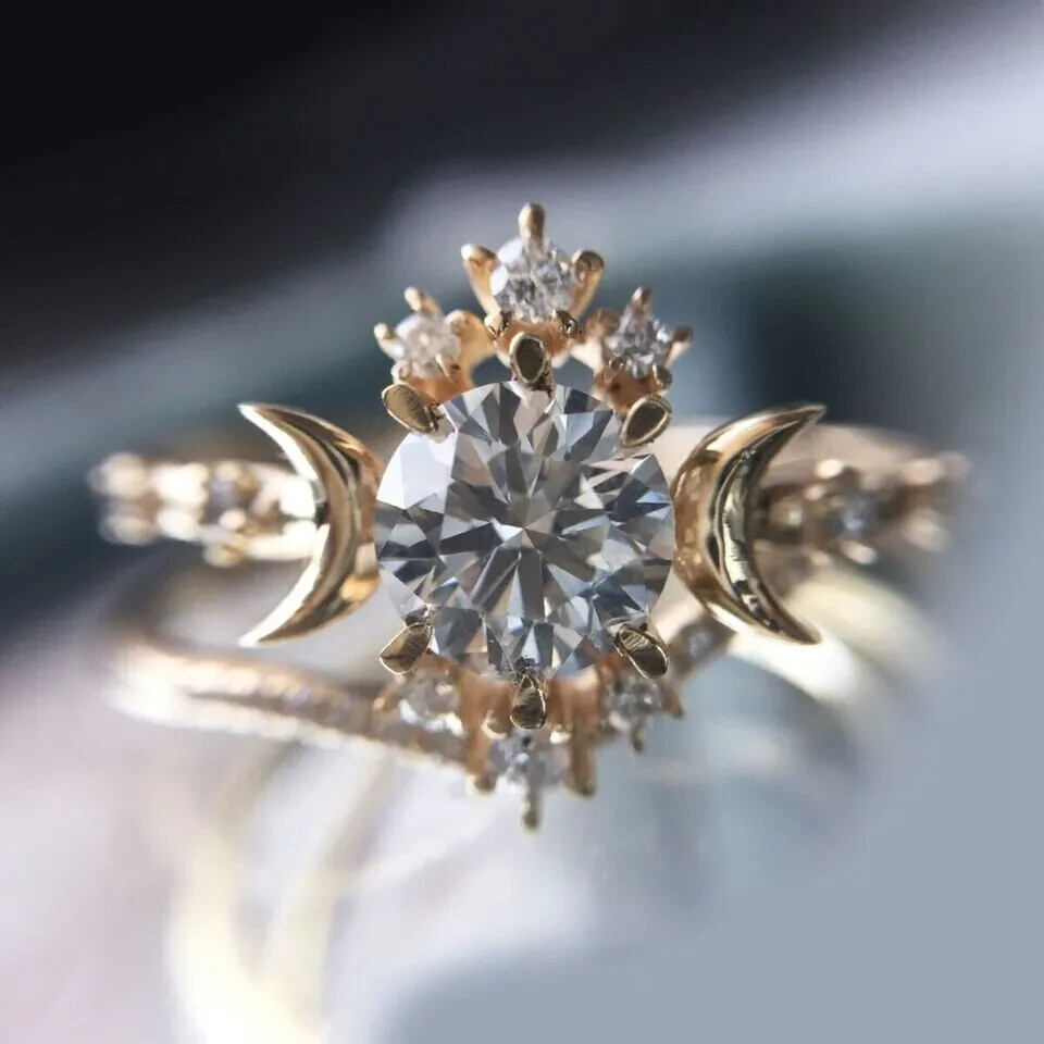 Wandering Star & Moon In 14K Yellow Gold Plated Sparkling Round Moissanite Ring