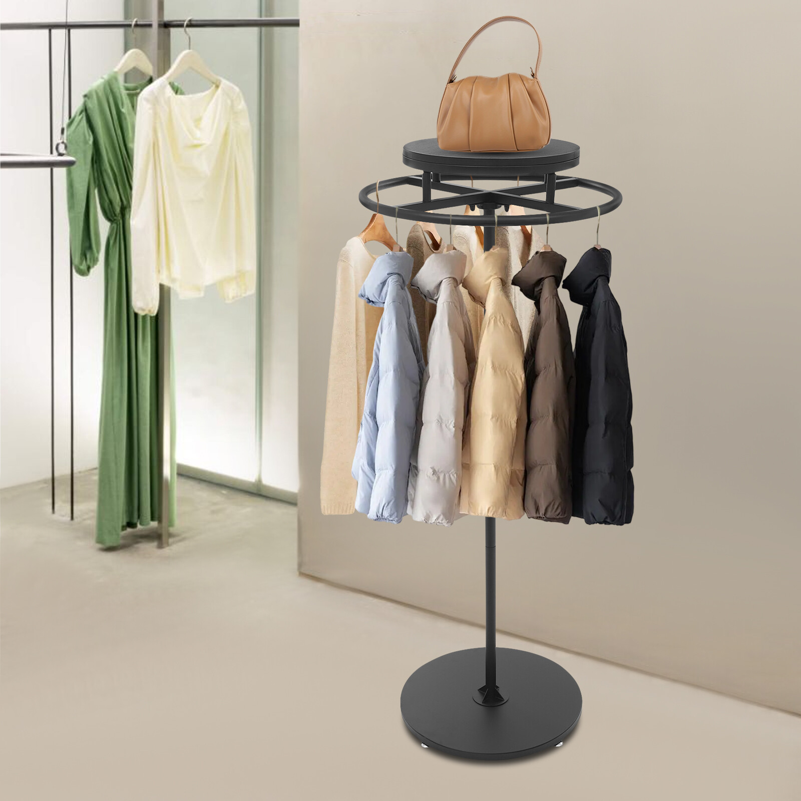 Round Clothing Rack Floor Standing Clothes Hanging Rack Garment Display black