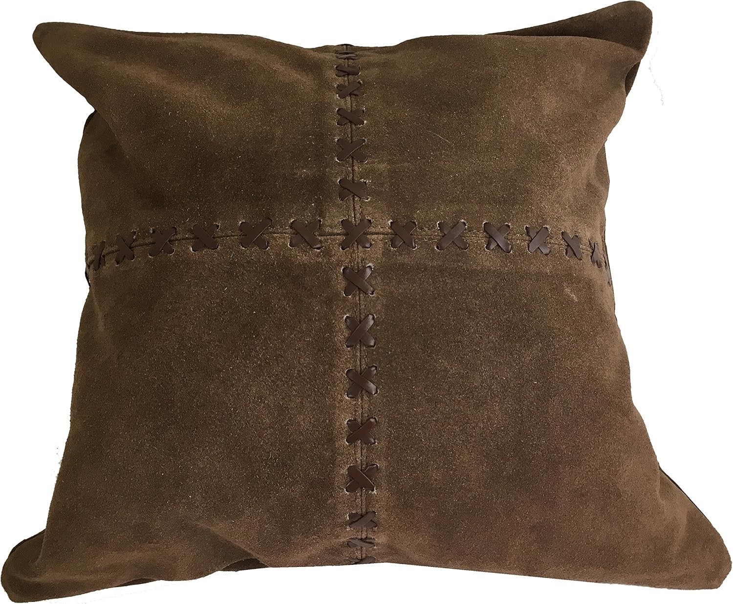NWT Sia Suede Genuine Leather Square Throw Pillow Brown 15.5 Inches