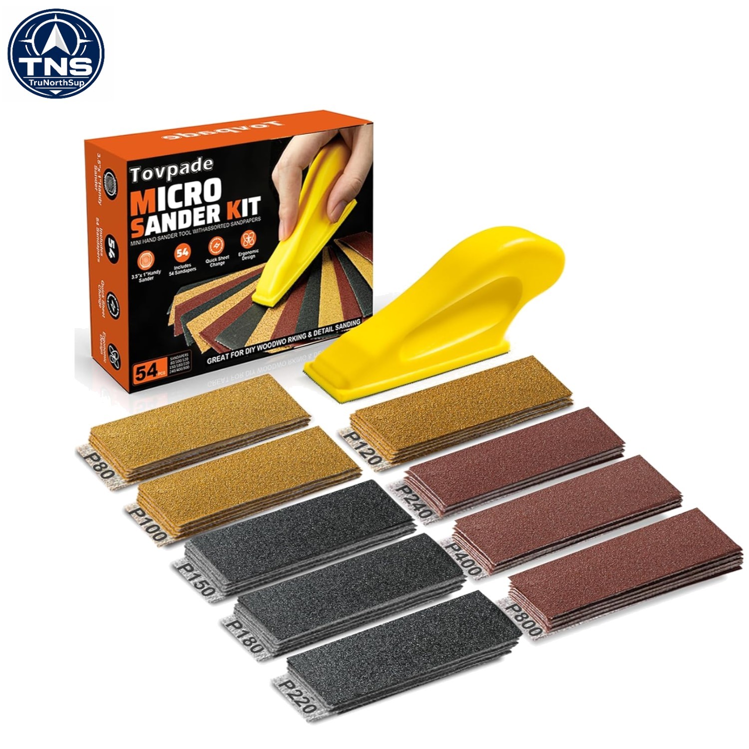 Tovpade 54PCS Micro Sander Set with Hand Block 80-800 Grit Sandpaper for Wood...