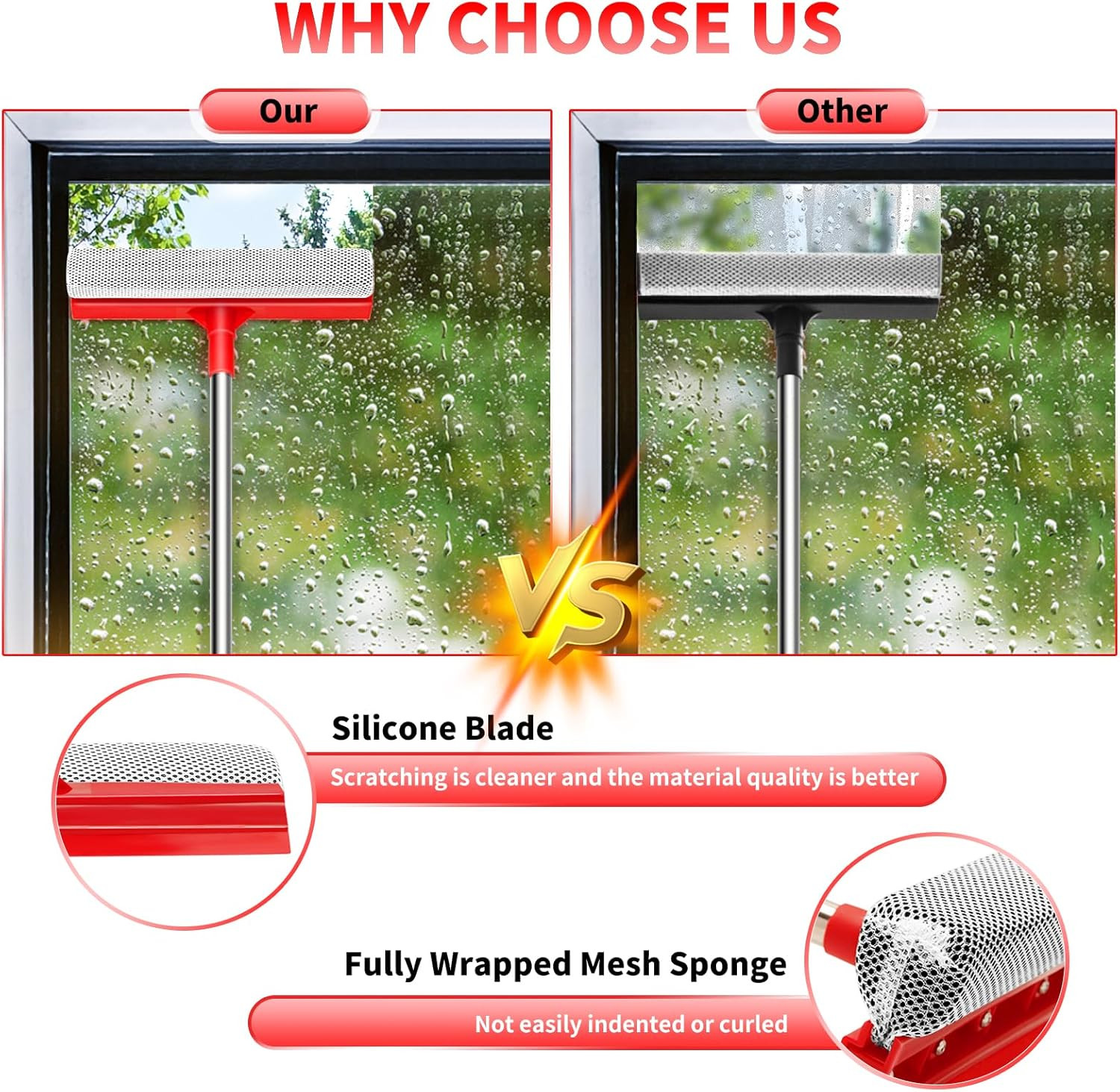 Window Squeegee with 18.5"-28.5" Retractable Handle, 2-In-1 Squeegee for Window