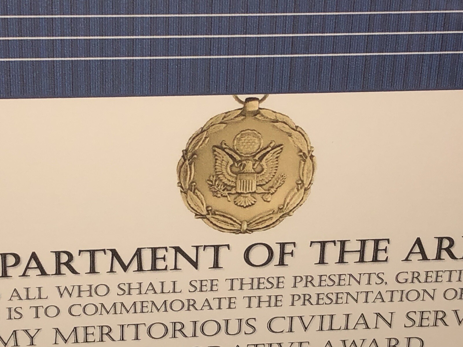 ARMY MERITORIOUS CIVILIAN SERVICE COMMEMORATIVE AWARD CERTIFICATE ~ Type-1