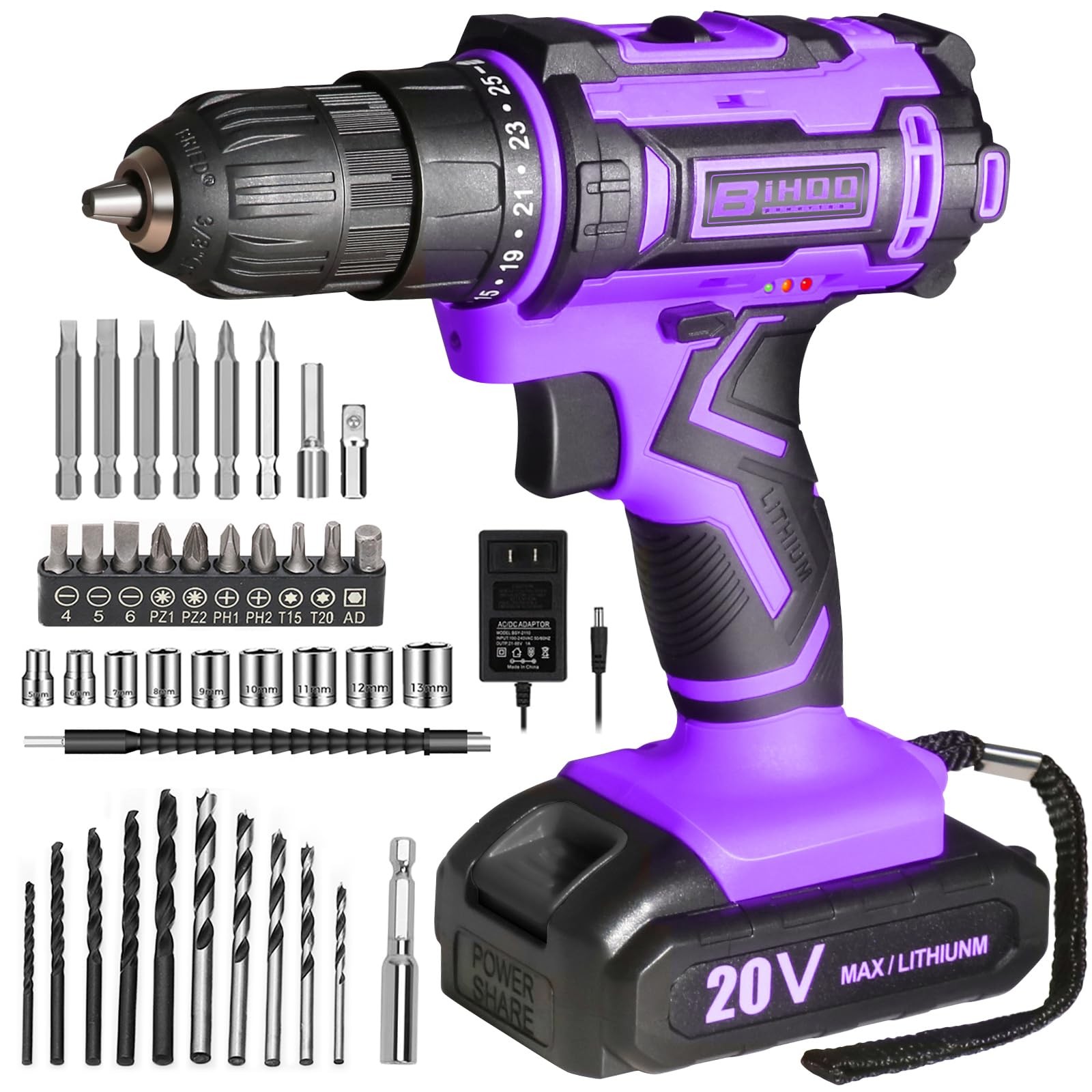 20V Cordless Drill Set Purple 3/8� Keyless Chuck Battery Charger Drill Bit Kit