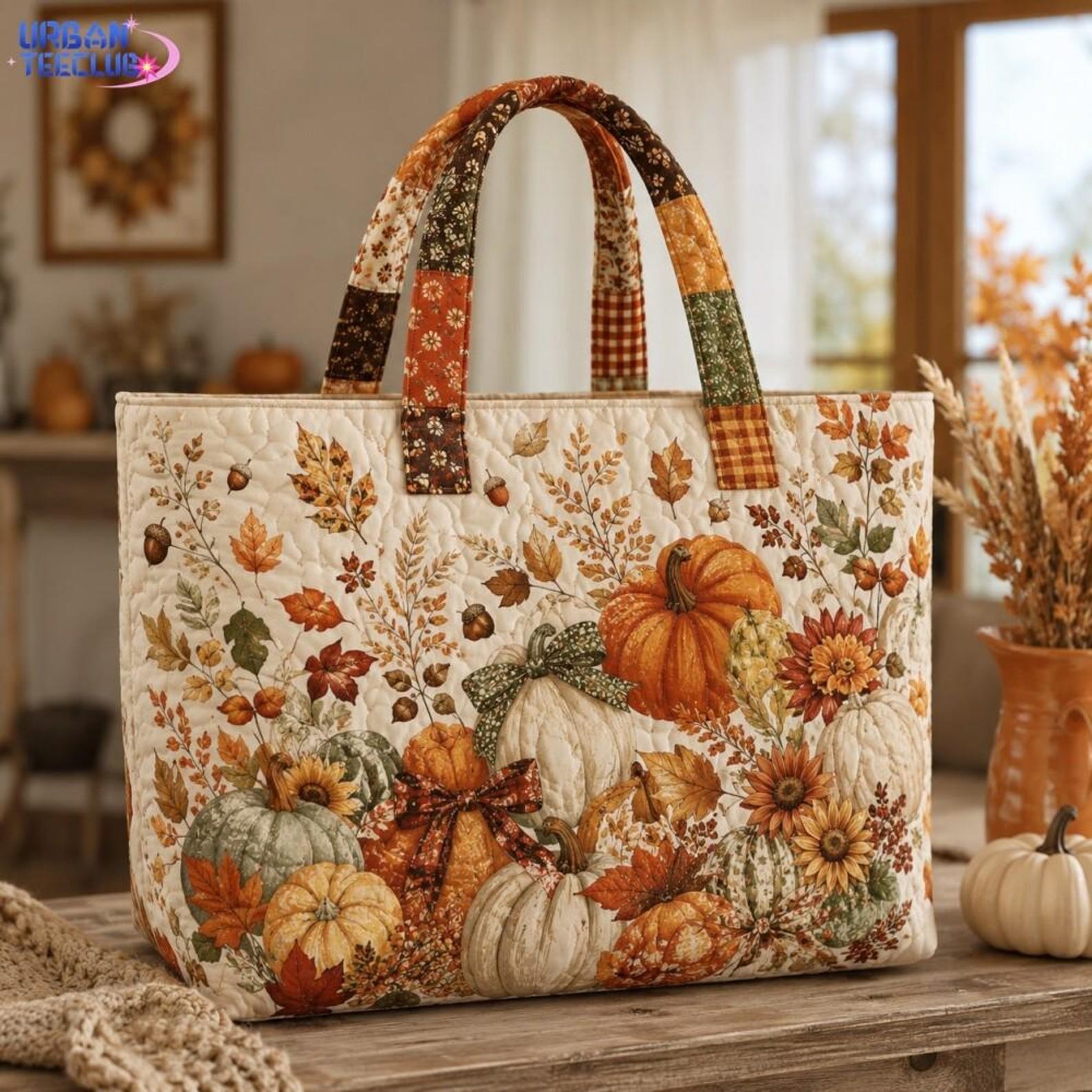 Vintage Quilted Pumpkin Tote Bag, Boho Floral Tote Bag, Fall Autumn Harvest Hand