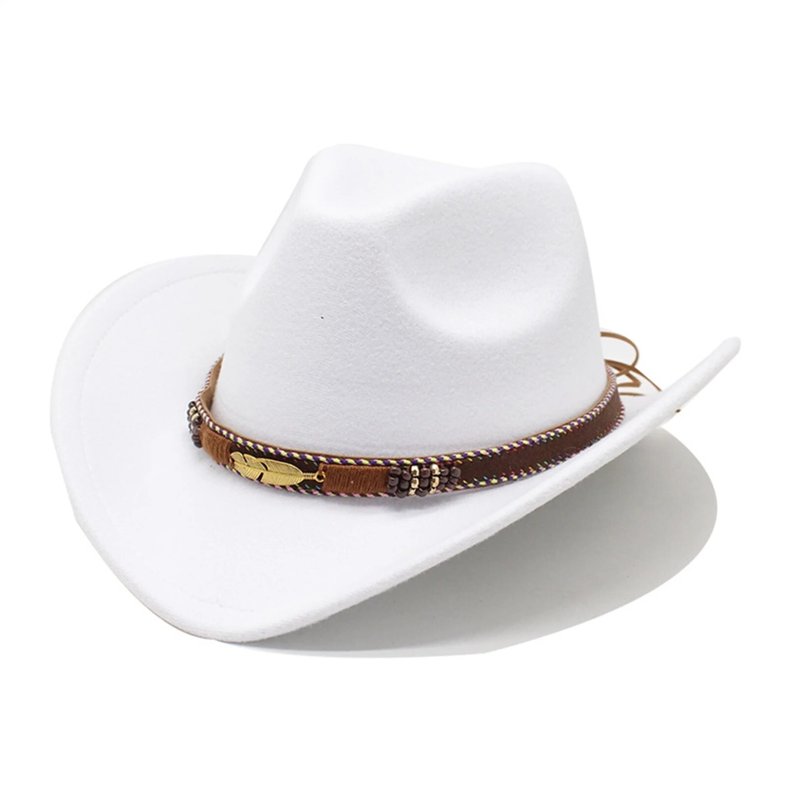 White Western Cowboy Cowgirl Hat – Gold Feather Braid Band, Felt, Men Women