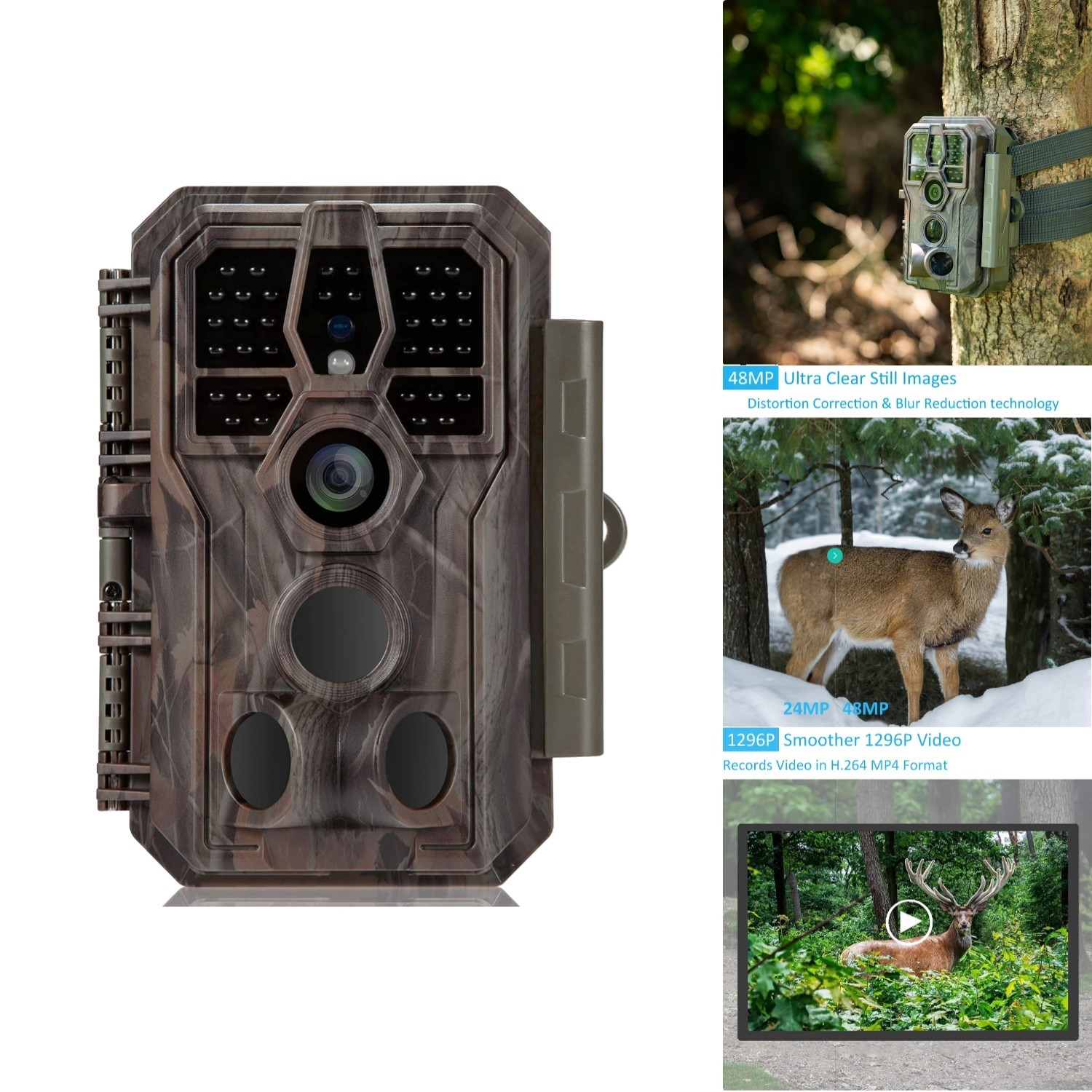 48MP Trail Camera 1296P HD Video Game Cam 0.1s Motion Activated No-Glow Night