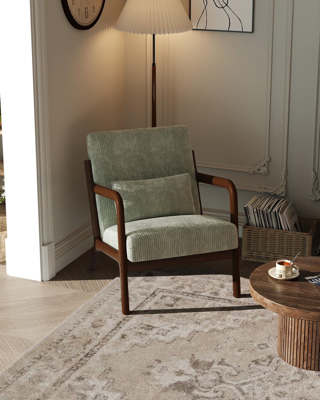 Modern Accent Chair, Mid-Century Corduroy Chair Lounge Armchair ,w/Lumbar Pillow
