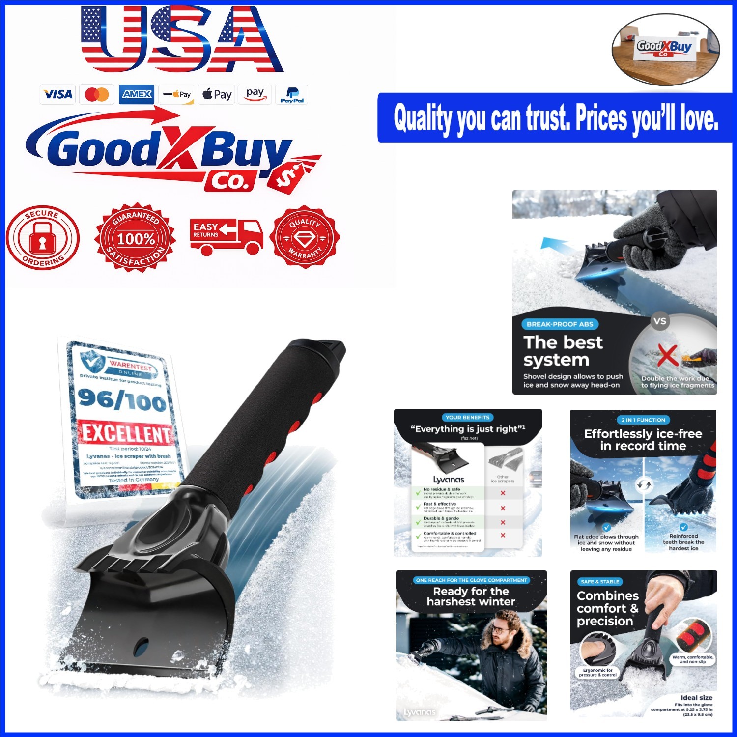 Winter Car Ice Scraper with Snow Remover - Ergonomic Wide Blade—Safe, Fast & ...