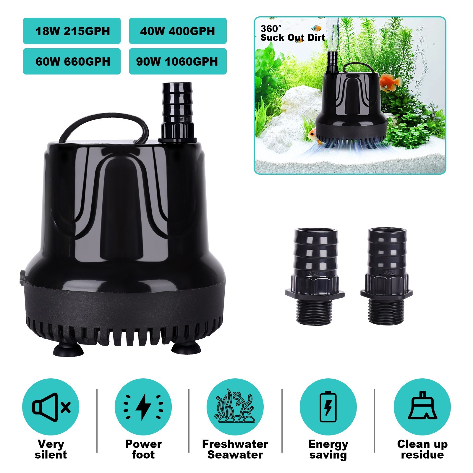 hygger Aquarium Water Pump 215/400/1060GPH Submersible Fountain Pump Power Head