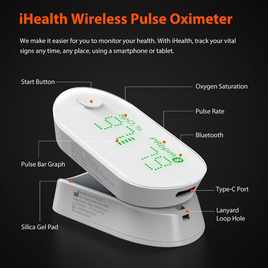 iHealth AIR Rechargeable Fingertip Pulse Oximeter, Blood Oxygen Monitor with App