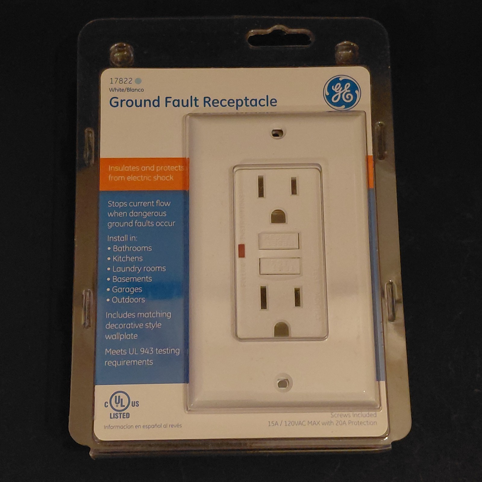 =NEW = GE 17822 GFCI Ground Fault Receptacle With Wallplate ~ White ~ 15A/120VAC