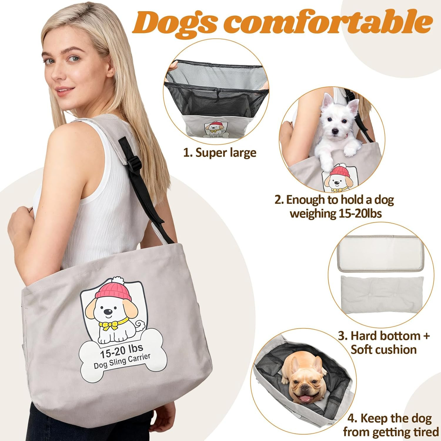 Dog Sling Carrier for Small Dogs 15-20 lbs - Hands-Free Pet Carrier with Hard Bo