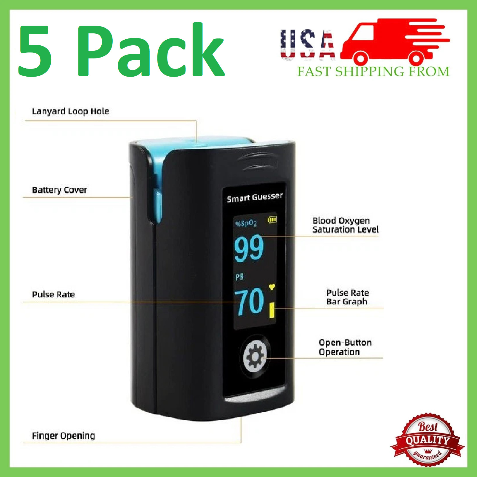 5 x Oximeter Pulse Fingertip SpO2 Heart Rate Blood Oxygen Saturation Monitor APP