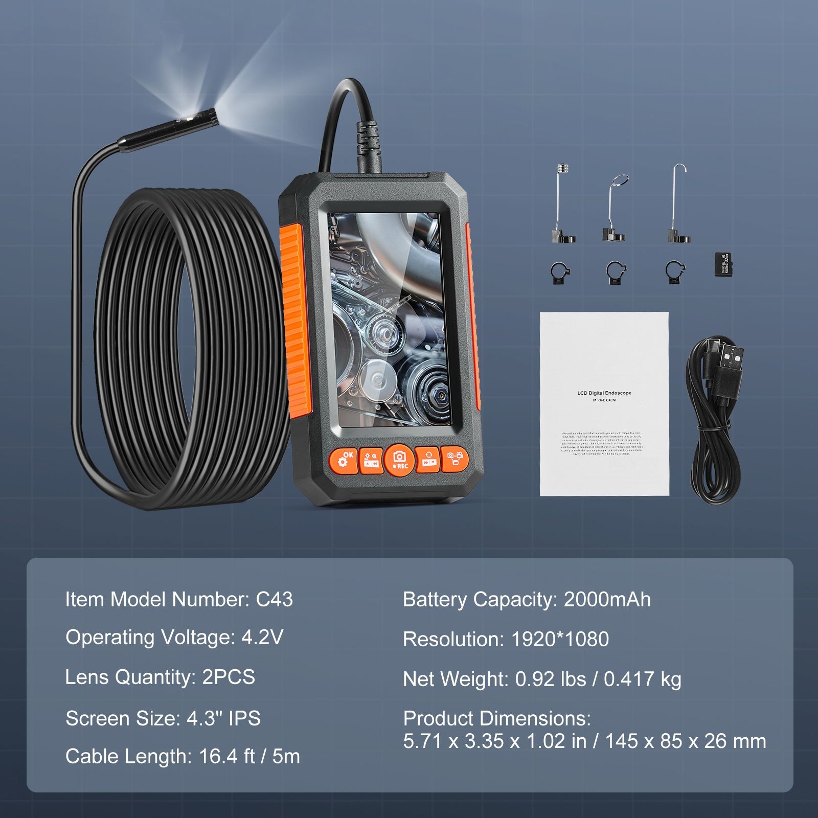Dual-Lens 4.3" HD Borescope Camera with 4X Zoom, 16.4FT Cable