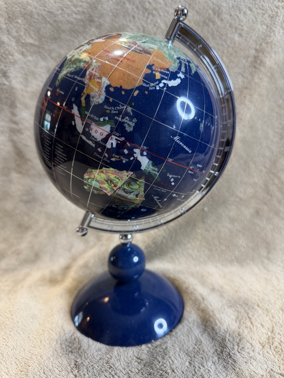 Blue Semi Precious Gemstone 5" Earth Globe With Stand