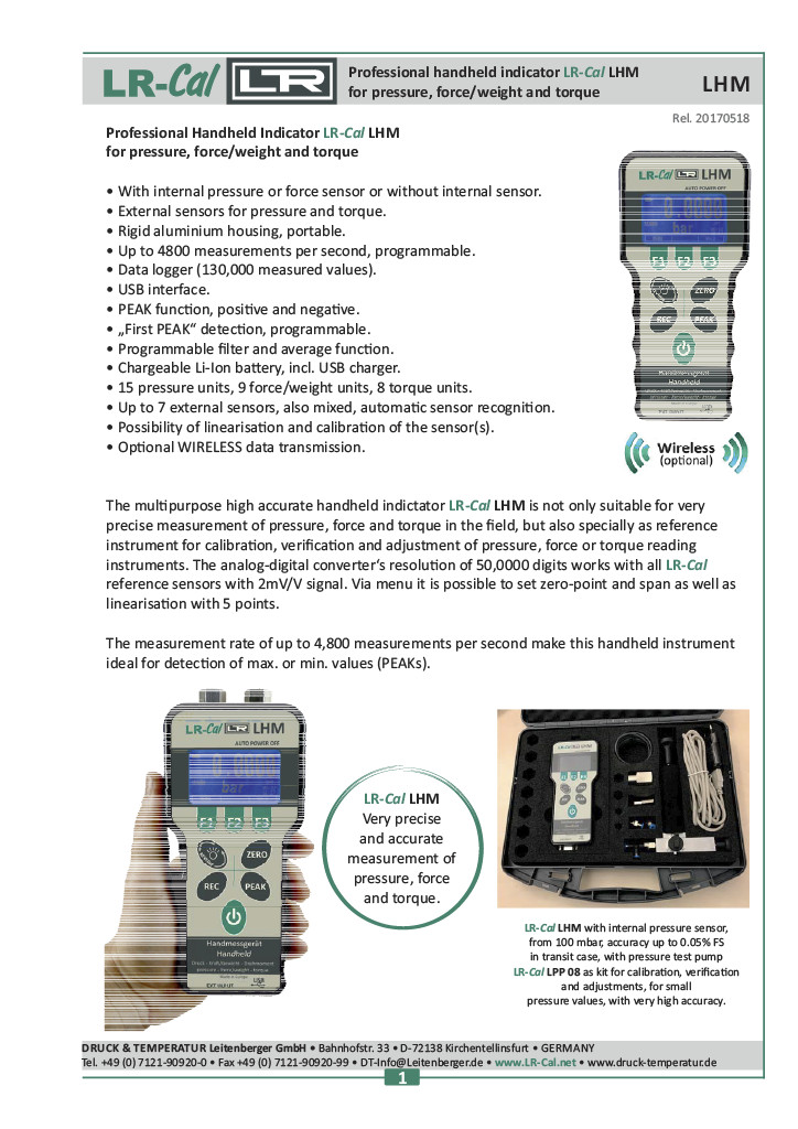 LR-Cal LHM DP Pressure / Torque Meter with Differential Pressure Sensor ±0.1%