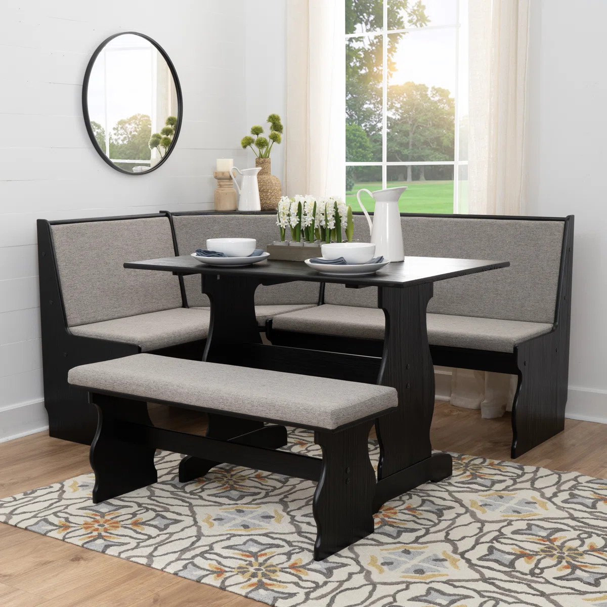 3 pc Gray Black Top Breakfast Nook Dining Set Corner Booth Bench Kitchen Table