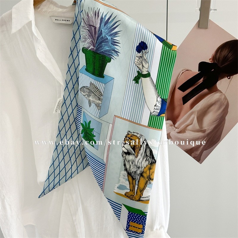 Sallys Boutique 16 Momme Twill Silk Large Ribbon Theater Print Neck Long Scarf
