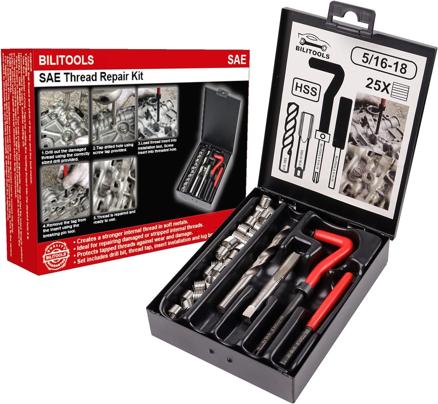 BILITOOLS 5/16-18 inch Thread Repair Kit, HSS Drill Helicoil Inch