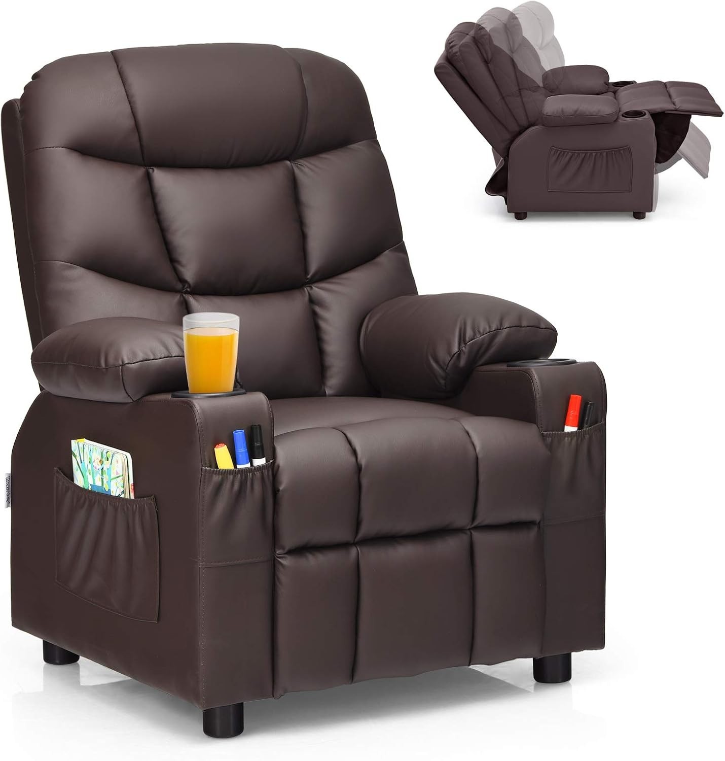 Kids Recliner Chair with Cup Holder, Adjustable Leather Lounge Chair w/Footre...