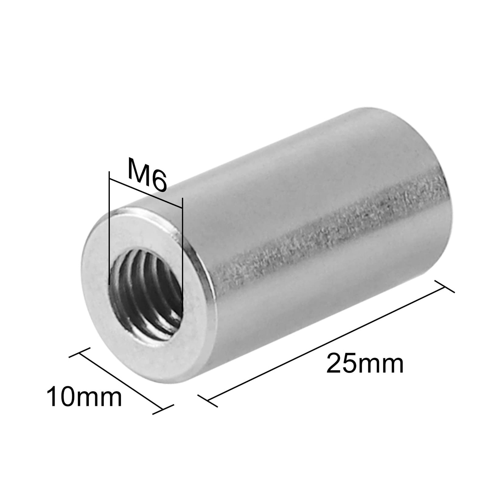 Pack of 10 - M6 Round Connector Nuts, 304 Stainless Steel Coupling Nut 25mm