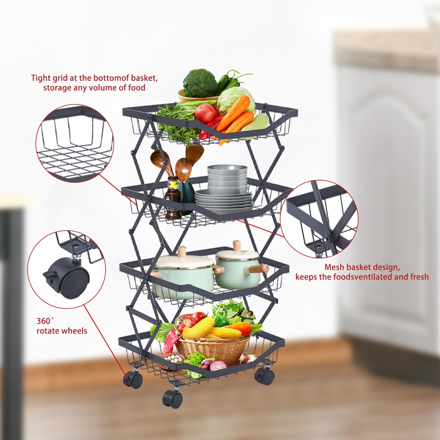 4 Tier Fruit Basket for Kitchen Stackable Metal Wire Fruit Vegetable Basket w...