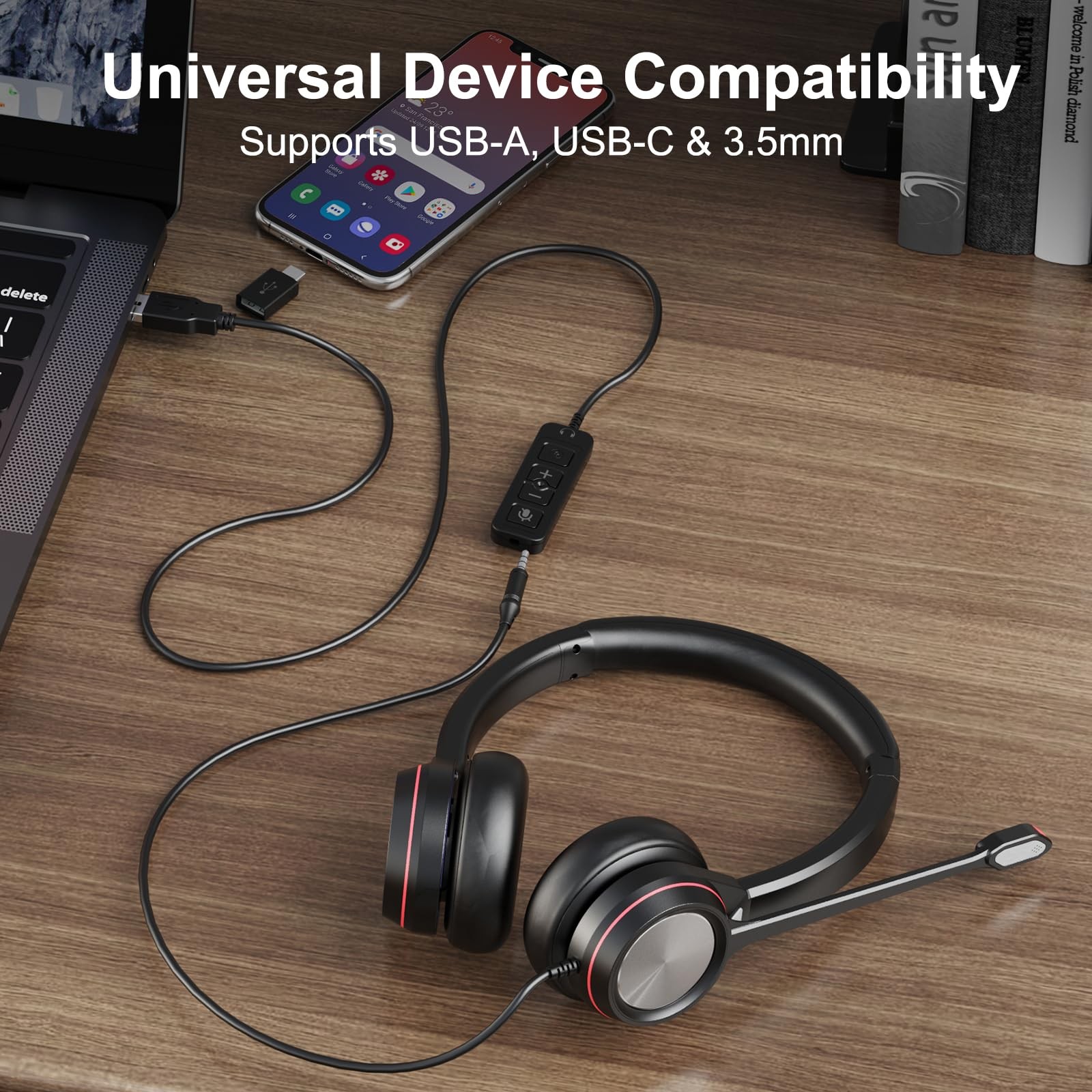 Auvonix USB Headset with Microphone for PC, 3.5mm & A/Type C Wired Duo