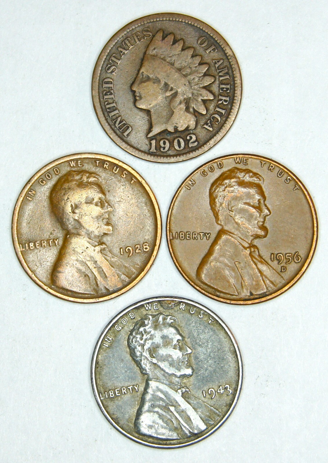 Indian Head Penny, 1943 Steel Wheat Penny, Lincoln Wheat Cents - 4 coin lot