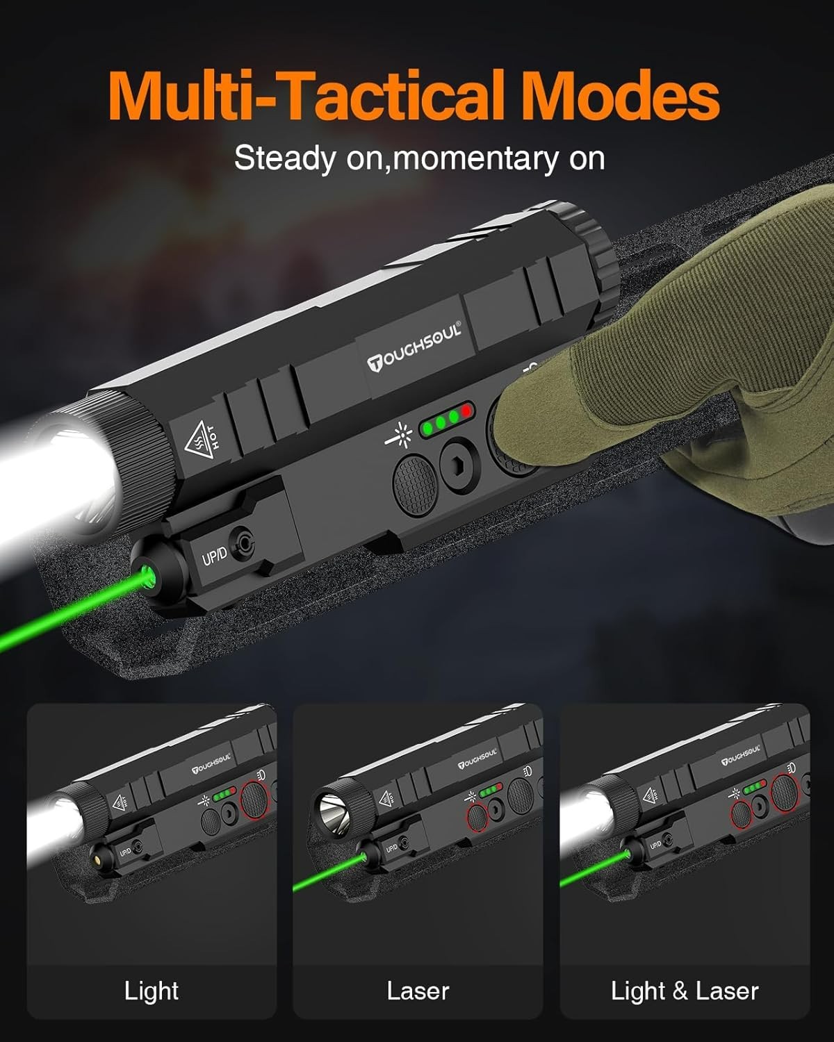 Mlok Picatinny Tactical Flashlight Laser Sight Combo, 2400 Lumen Max Light with