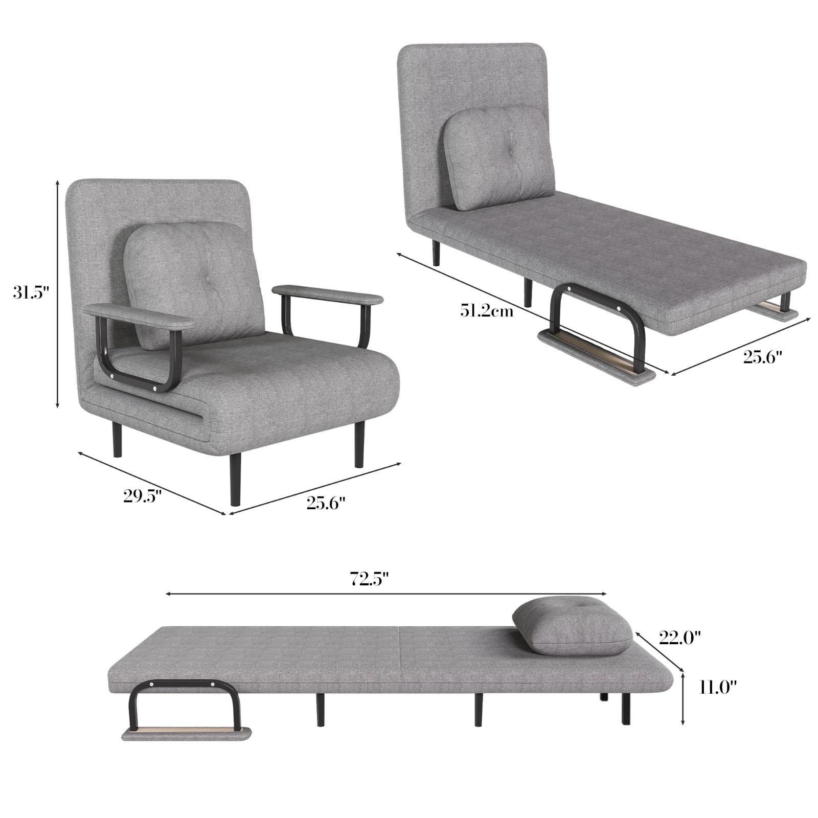 Folding Sofa Bed 5-in-1, Adjustable 5-Position Sleeper with Pillow, Space-Saving