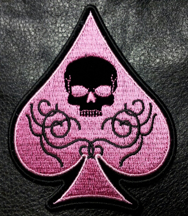 SKULL SPADE PINK EMBROIDERED 4 INCH IRON ON MC BIKER  PATCH