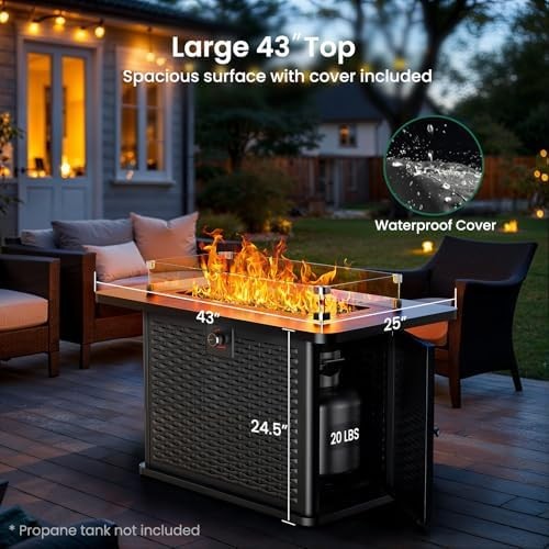 Ciays 43-Inch Rectangular Propane Fire Pit with 60,000 BTU Output, Fire Pit Tabl