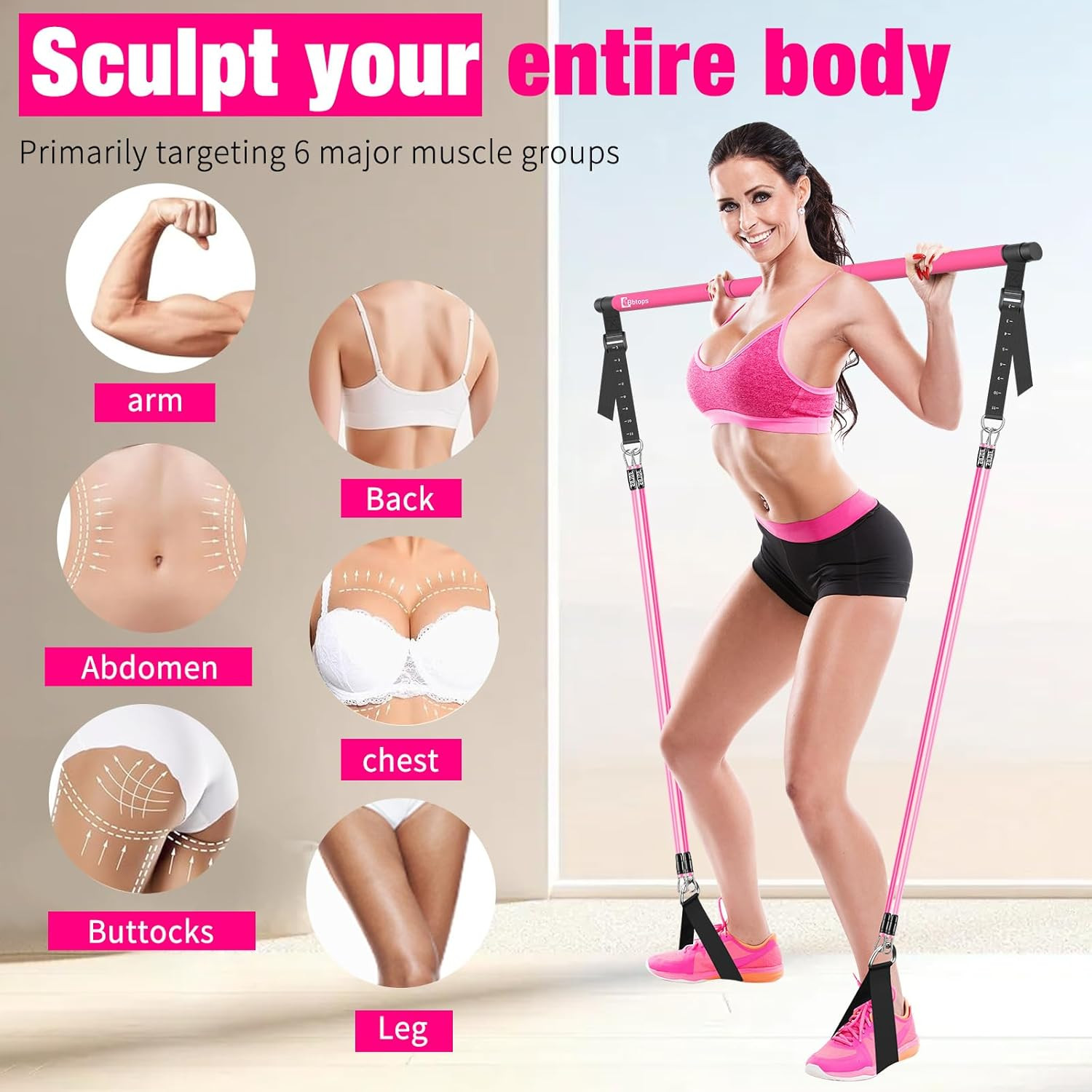 Pilates Bar Kit with Resistance Bands,Pilates Bar with Stackable Bands Workout E