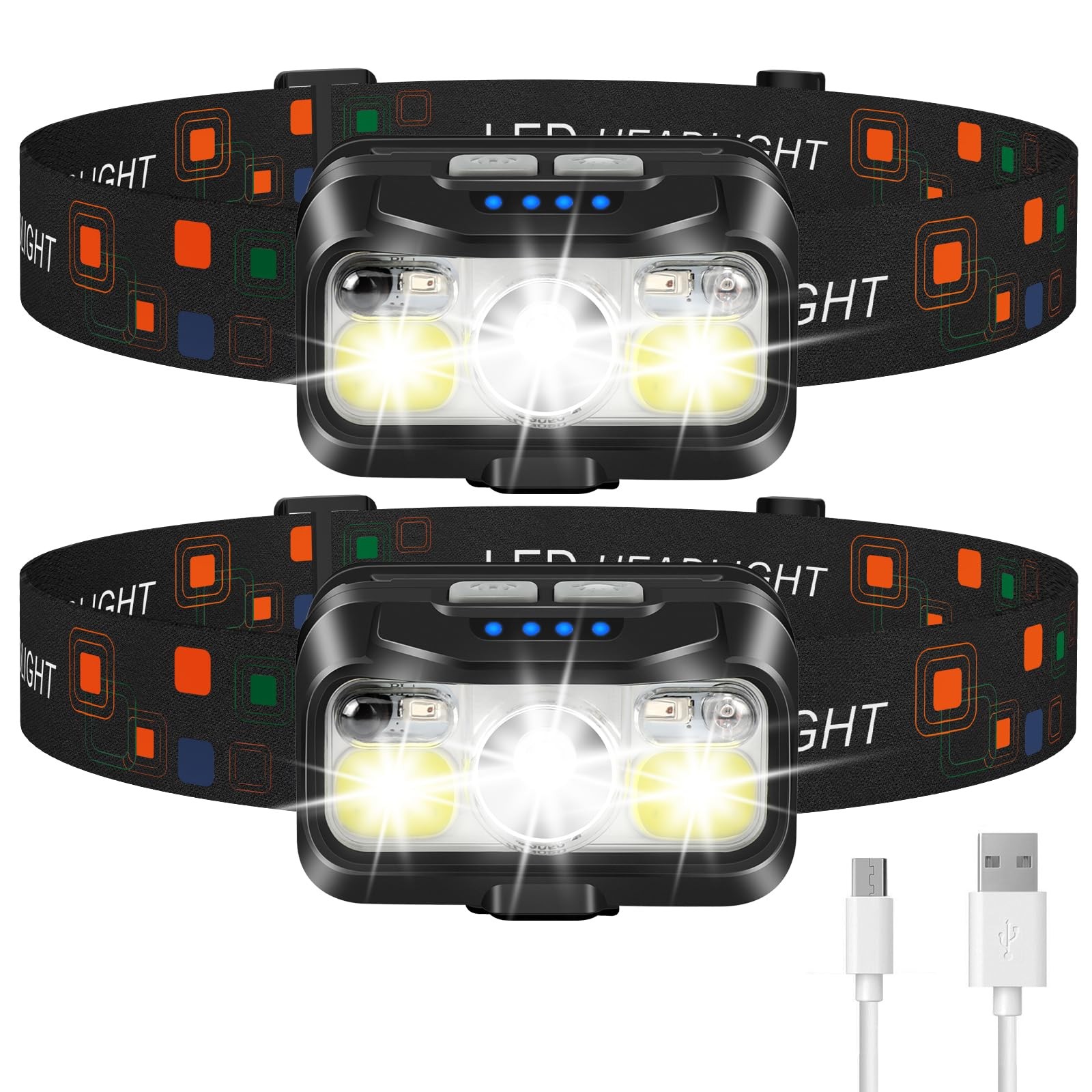 Rechargeable LED Headlamp 2Pack  Super Bright Motion Sensor, 8 Modes,